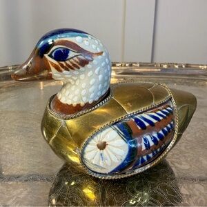 Porcelain & Brass Figurine Duck/Quail Mexico Folk Art Metal Blue & White Tonala